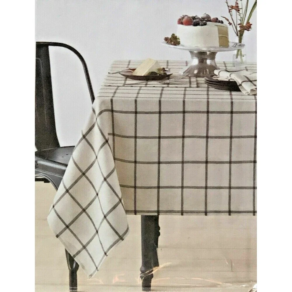 Shiloh Windowpane Fabric Tablecloth Shiloh Check Ivory Black Polyester 60x84